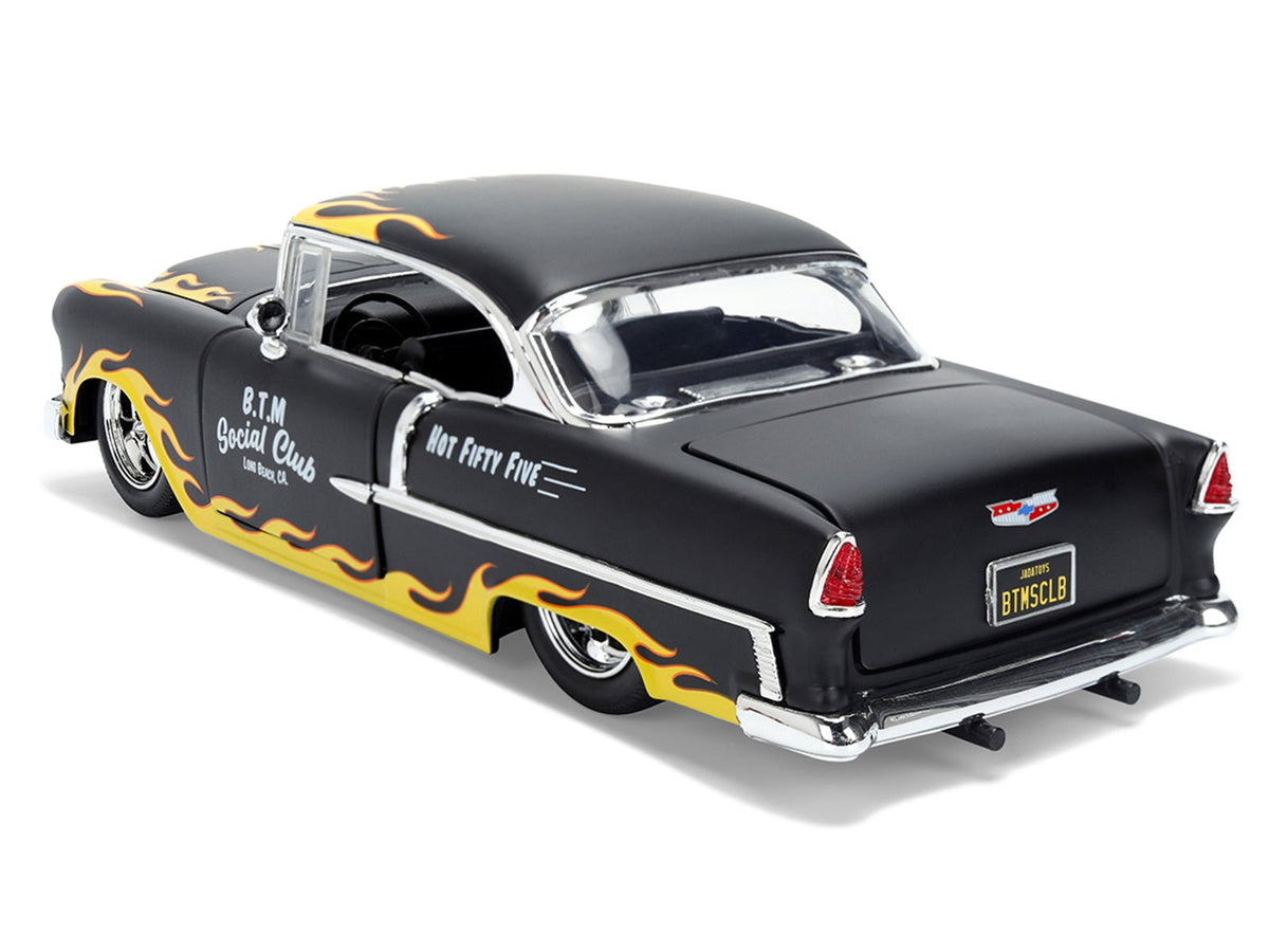 1955 Chevrolet Bel Air "BTM Social Club" Matt Black with Flames "Bigtime Muscle" Series 1/24 Diecast Model Car by Jada-Jada-ModelCars.com