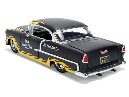 1955 Chevrolet Bel Air "BTM Social Club" Matt Black with Flames "Bigtime Muscle" Series 1/24 Diecast Model Car by Jada-Jada-ModelCars.com