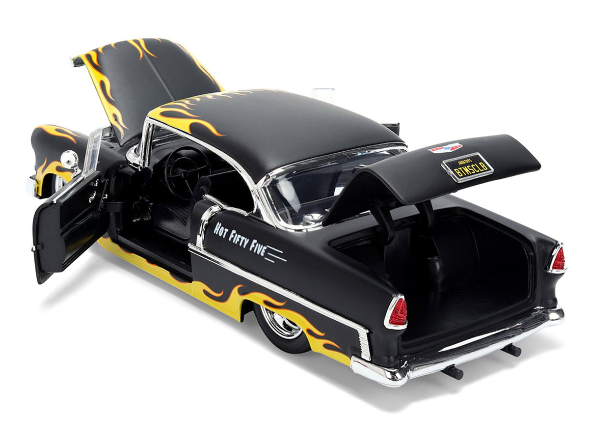1955 Chevrolet Bel Air "BTM Social Club" Matt Black with Flames "Bigtime Muscle" Series 1/24 Diecast Model Car by Jada-Jada-ModelCars.com
