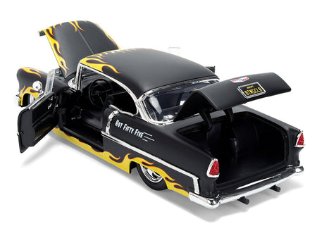 1955 Chevrolet Bel Air "BTM Social Club" Matt Black with Flames "Bigtime Muscle" Series 1/24 Diecast Model Car by Jada-Jada-ModelCars.com