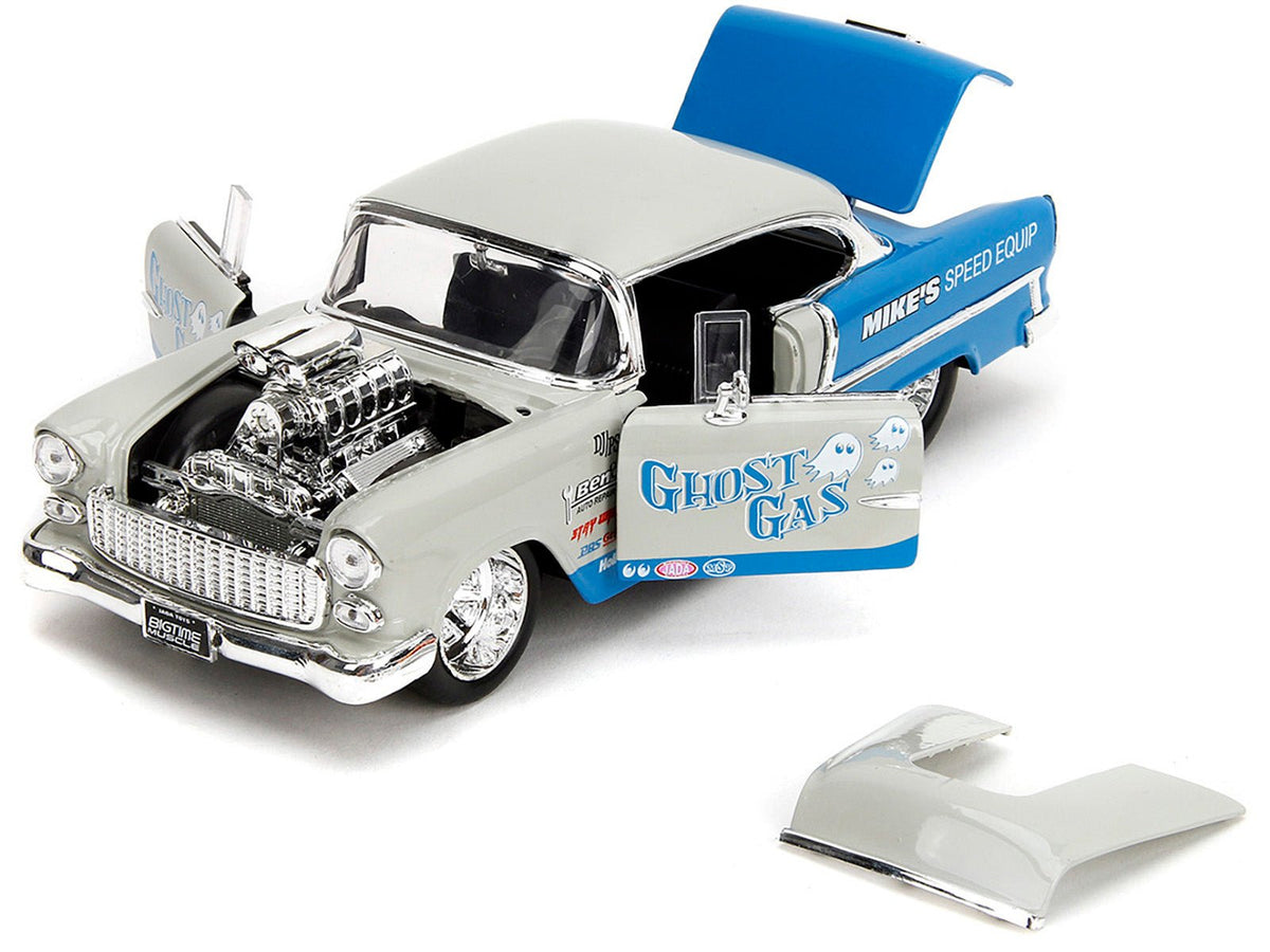 1955 Chevrolet Bel Air "Ghost Gas - Mike's Speed Equip" Light Gray and Blue "Bigtime Muscle" Series 1/24 Diecast Model Car by Jada-Jada-ModelCars.com