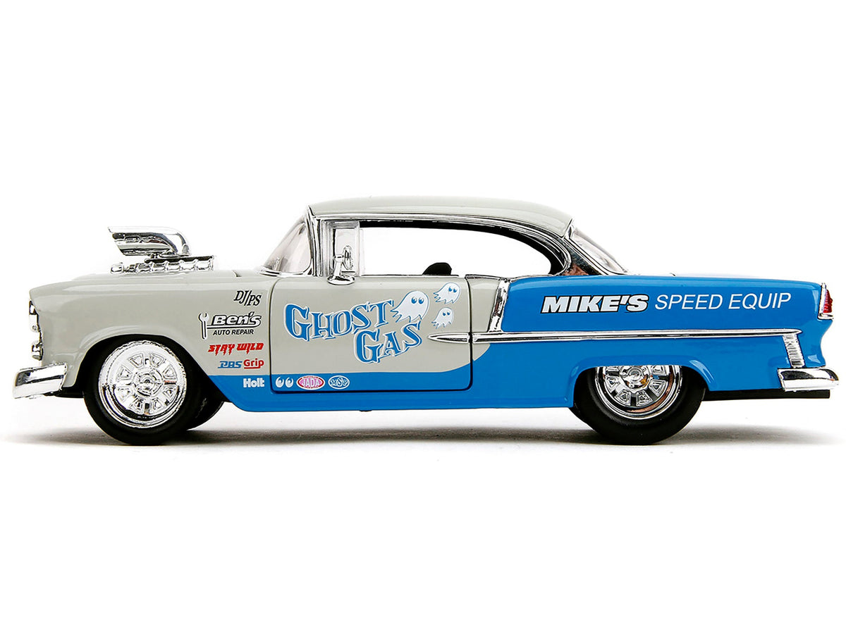 1955 Chevrolet Bel Air "Ghost Gas - Mike's Speed Equip" Light Gray and Blue "Bigtime Muscle" Series 1/24 Diecast Model Car by Jada-Jada-ModelCars.com