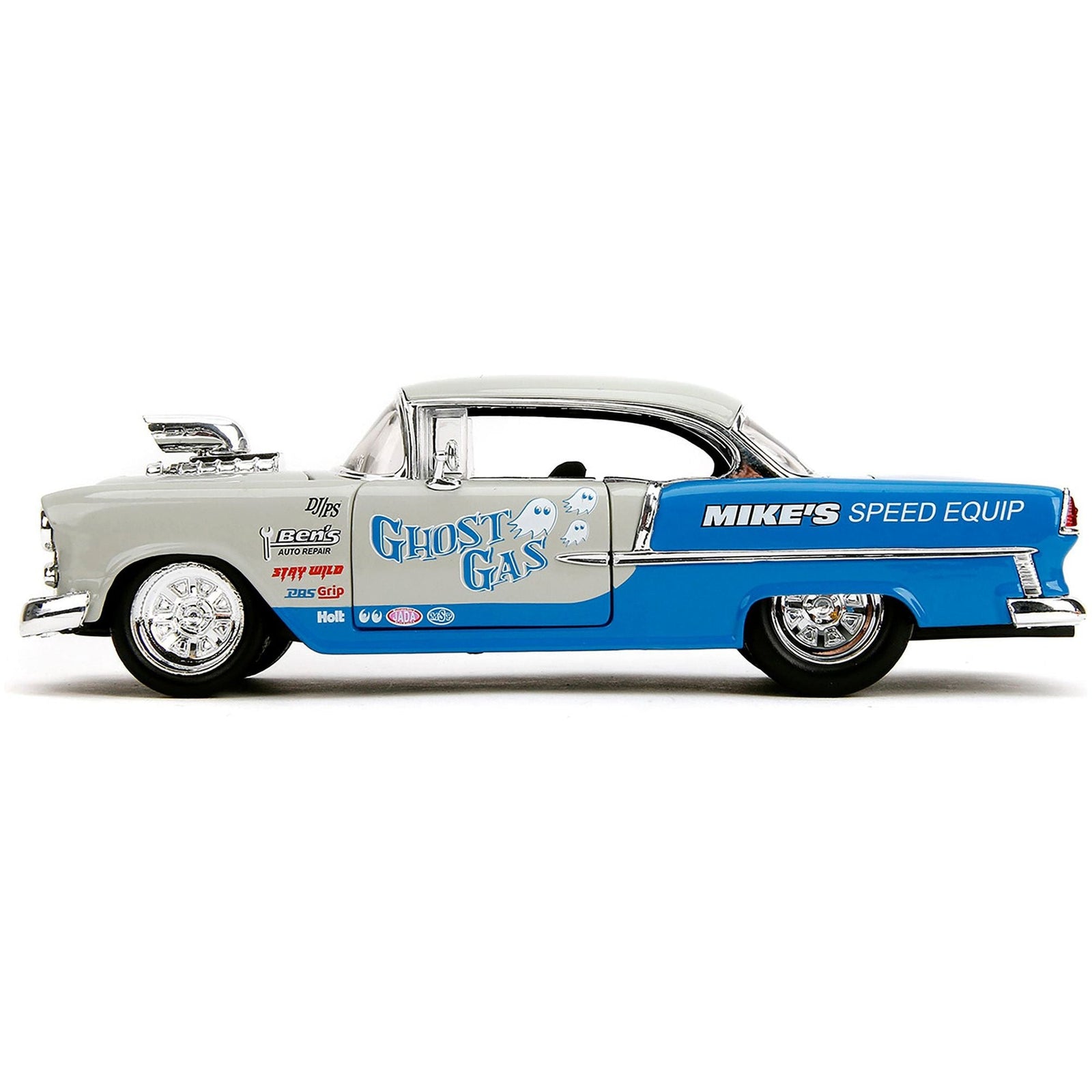 1955 Chevrolet Bel Air "Ghost Gas - Mike's Speed Equip" Light Gray and Blue "Bigtime Muscle" Series 1/24 Diecast Model Car by Jada - Jada - ModelCars.com
