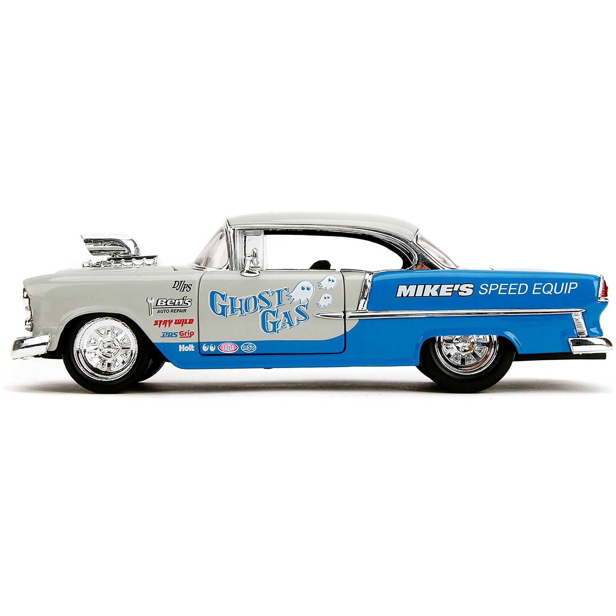 1955 Chevrolet Bel Air "Ghost Gas - Mike's Speed Equip" Light Gray and Blue "Bigtime Muscle" Series 1/24 Diecast Model Car by Jada - Jada - ModelCars.com