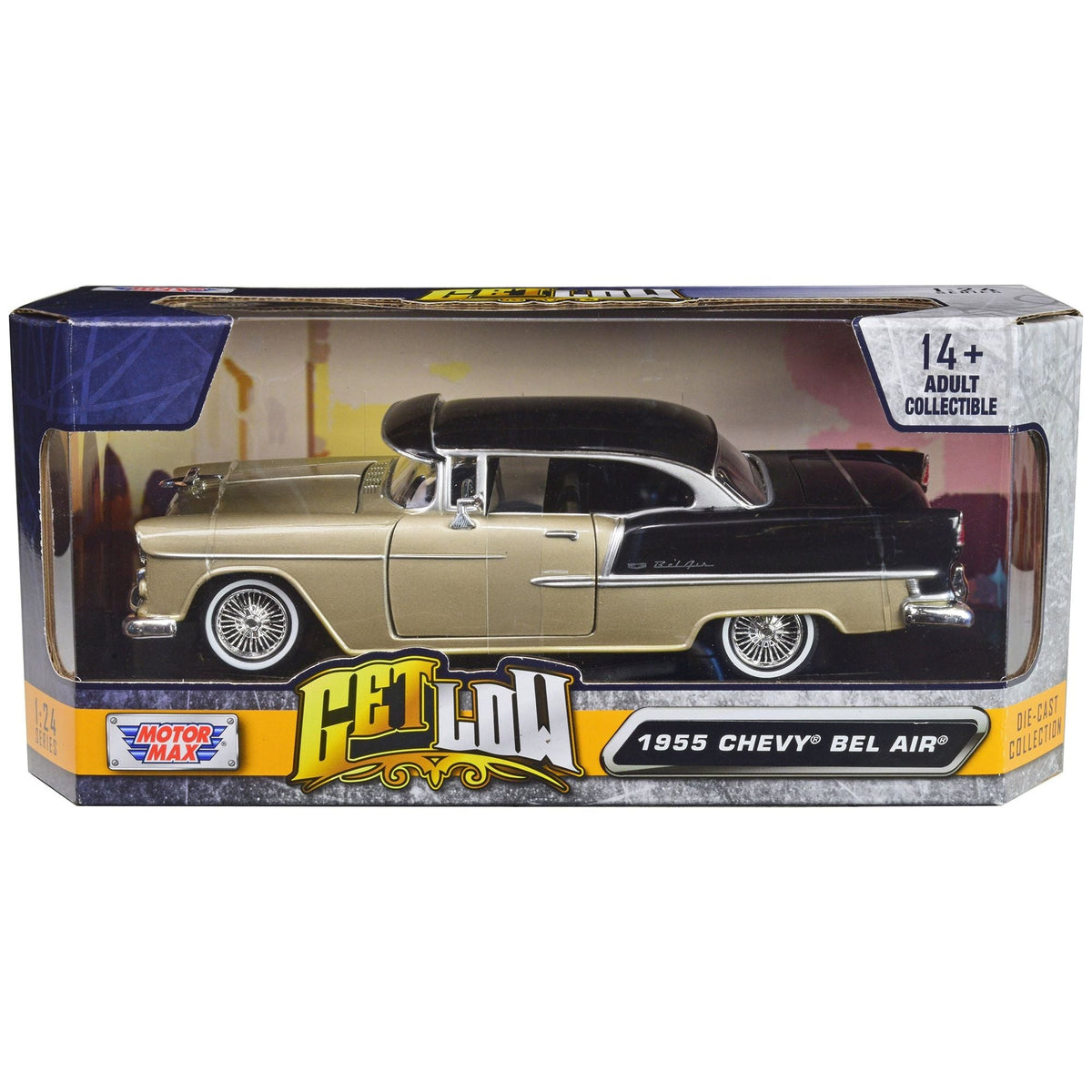 1955 Chevrolet Bel Air Lowrider Hard Top Beige Metallic and Black "Get Low" Series 1/24 Diecast Car Model by Motormax - Motormax - ModelCars.com