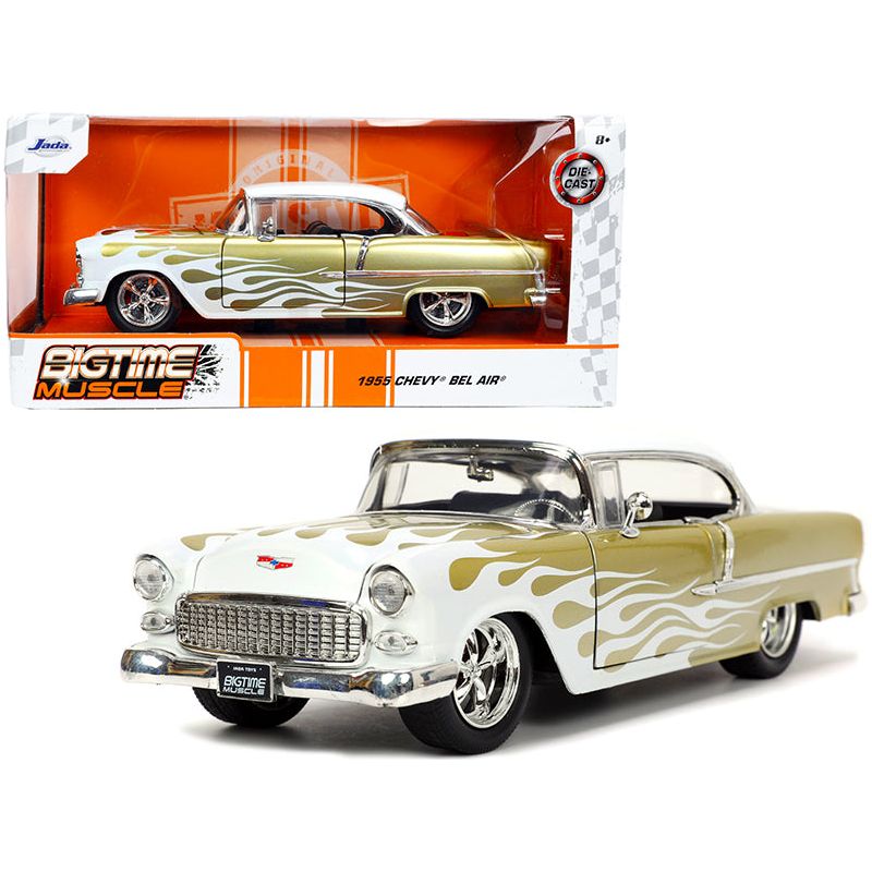 1955 Chevrolet Bel Air White and Gold with Flames "Bigtime Muscle" Series 1/24 Diecast Model Car by Jada-Jada-ModelCars.com