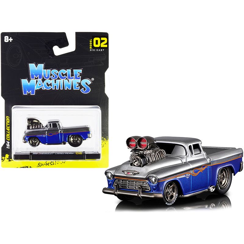 1955 Chevrolet Cameo Pickup Truck Gray and Blue Metallic with Flames 1/64 Diecast Model Car by Muscle Machines - Muscle Machines - ModelCars.com