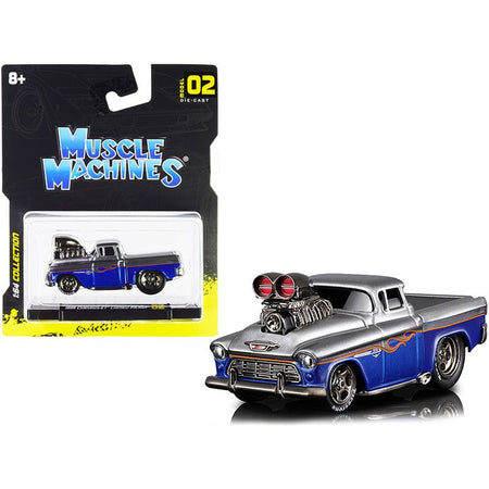 1955 Chevrolet Cameo Pickup Truck Gray and Blue Metallic with Flames 1/64 Diecast Model Car by Muscle Machines - Muscle Machines - ModelCars.com