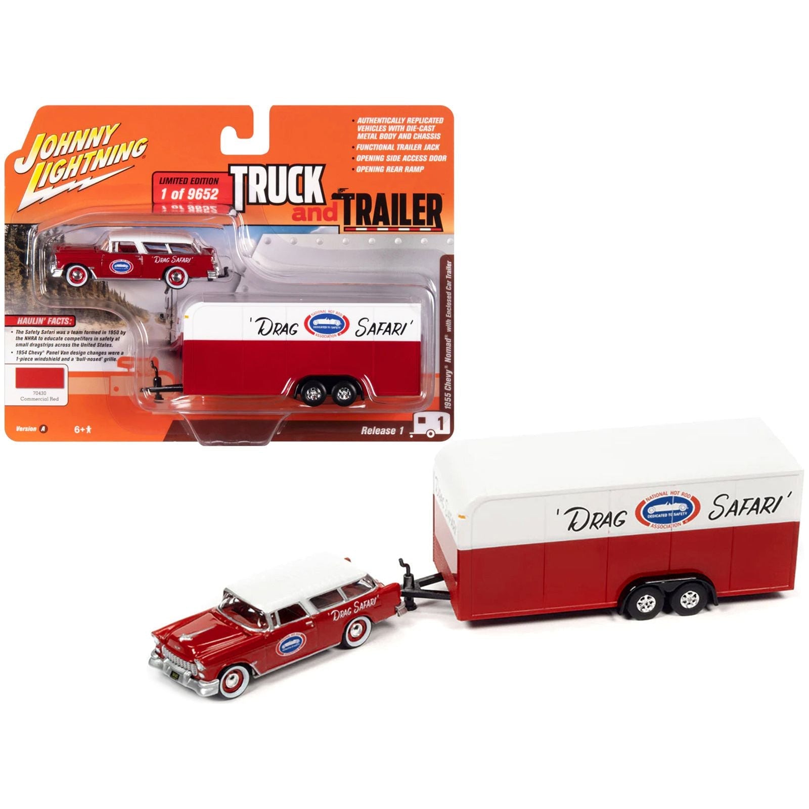 1955 Chevrolet Nomad "NHRA Drag Safari" Commercial Red with White Top with Enclosed Car Trailer Limited Edition to 9652 pieces Worldwide "Truck and Trailer" Series 1/64 Diecast Model Car by Johnny Lightning - Johnny Lightning - ModelCars.com