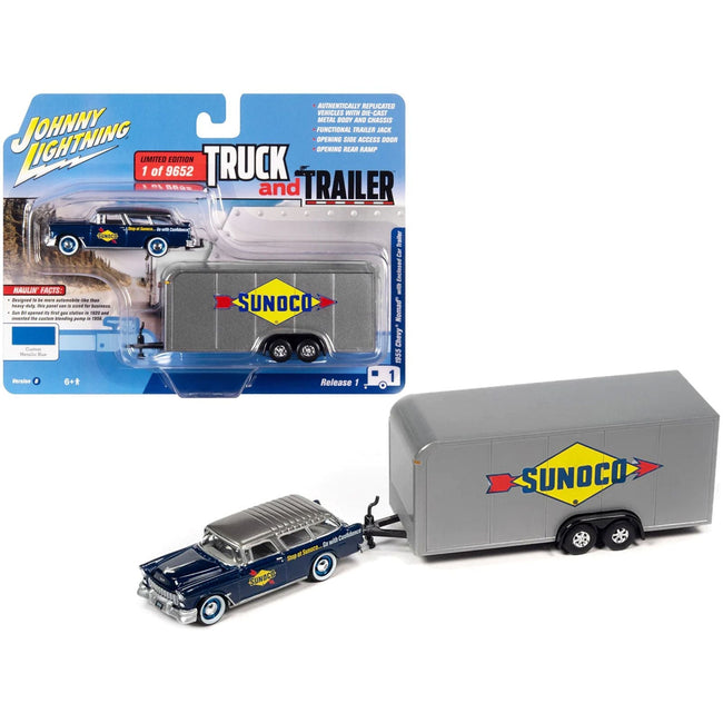 1955 Chevrolet Nomad "Sunoco" Blue Metallic with Gray Top with Enclosed Car Trailer Limited Edition to 9652 pieces Worldwide "Truck and Trailer" Series 1/64 Diecast Model Car by Johnny Lightning-Johnny Lightning-ModelCars.com