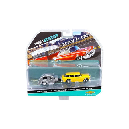 1955 Chevrolet Nomad with Traveler Trailer Yellow Tow & Go 1/64 Diecast Model by Maisto - Maisto - ModelCars.com