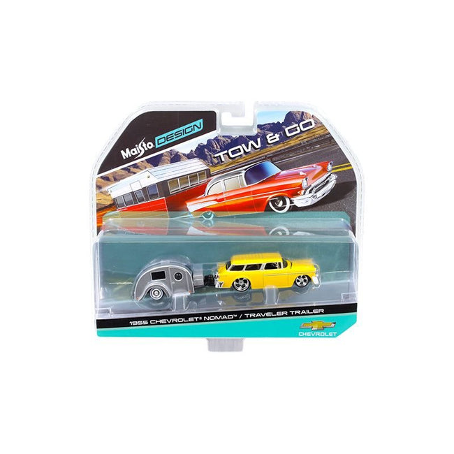 1955 Chevrolet Nomad with Traveler Trailer Yellow Tow & Go 1/64 Diecast Model by Maisto - Maisto - ModelCars.com