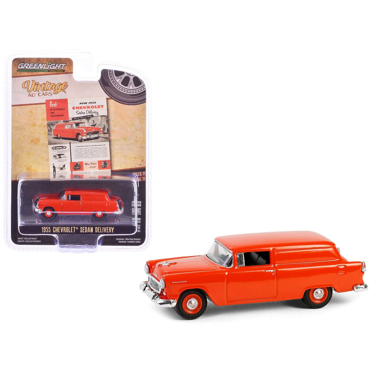 1955 Chevrolet Sedan Delivery Orange Red "First in Appearance and Performance" "Vintage Ad Cars" Series 11 1/64 Diecast Model Car by Greenlight-Greenlight-ModelCars.com