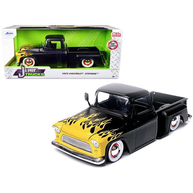 1955 Chevrolet Stepside Pickup Truck Matt Black with Yellow Flames "Just Trucks" Series 1/24 Diecast Model Car by Jada - Jada - ModelCars.com