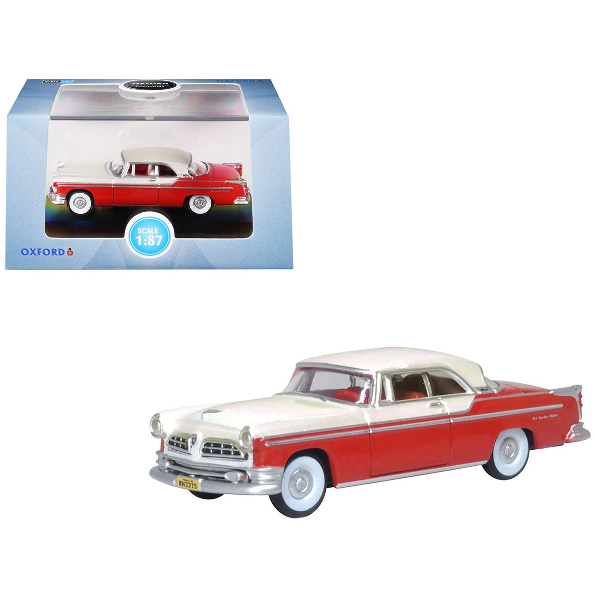 1955 Chrysler New Yorker Deluxe St. Regis Tango Red and Platinum Metallic 1/87 (HO) Scale Diecast Model Car by Oxford Diecast-Oxford Diecast-ModelCars.com