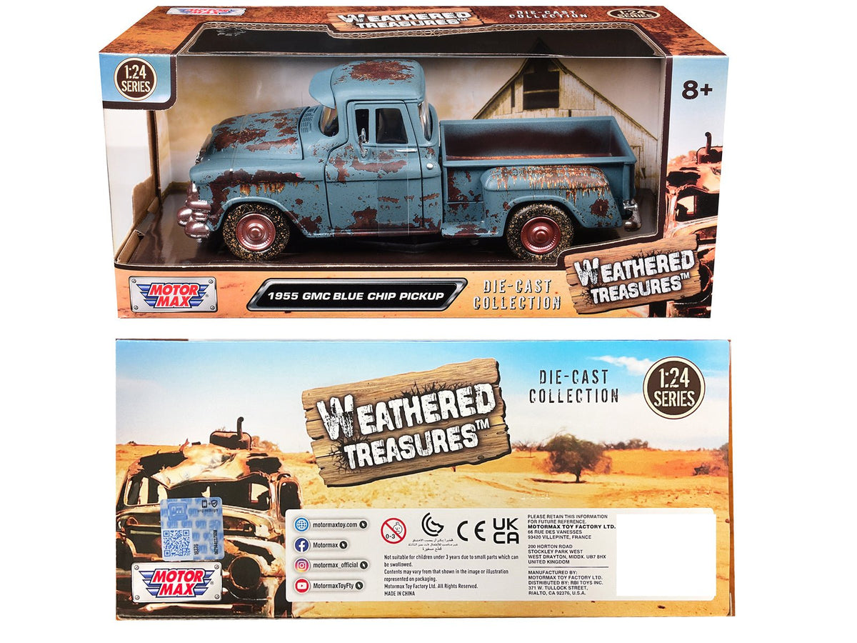 1955 GMC Blue Chip Pickup Truck Matt Blue (Rusted) "Weathered Treasures" Series 1/24 Diecast Model Car by Motormax-Motormax-ModelCars.com
