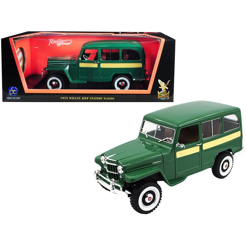 1955 Willys Jeep Station Wagon Green with Yellow Stripes 1/18 Diecast Model Car by Road Signature - Road Signature - ModelCars.com
