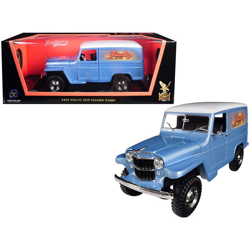 1955 Willys Jeep Station Wagon Silver Blue with White Top "Lucky" 1/18 Diecast Model Car by Road Signature - Road Signature - ModelCars.com