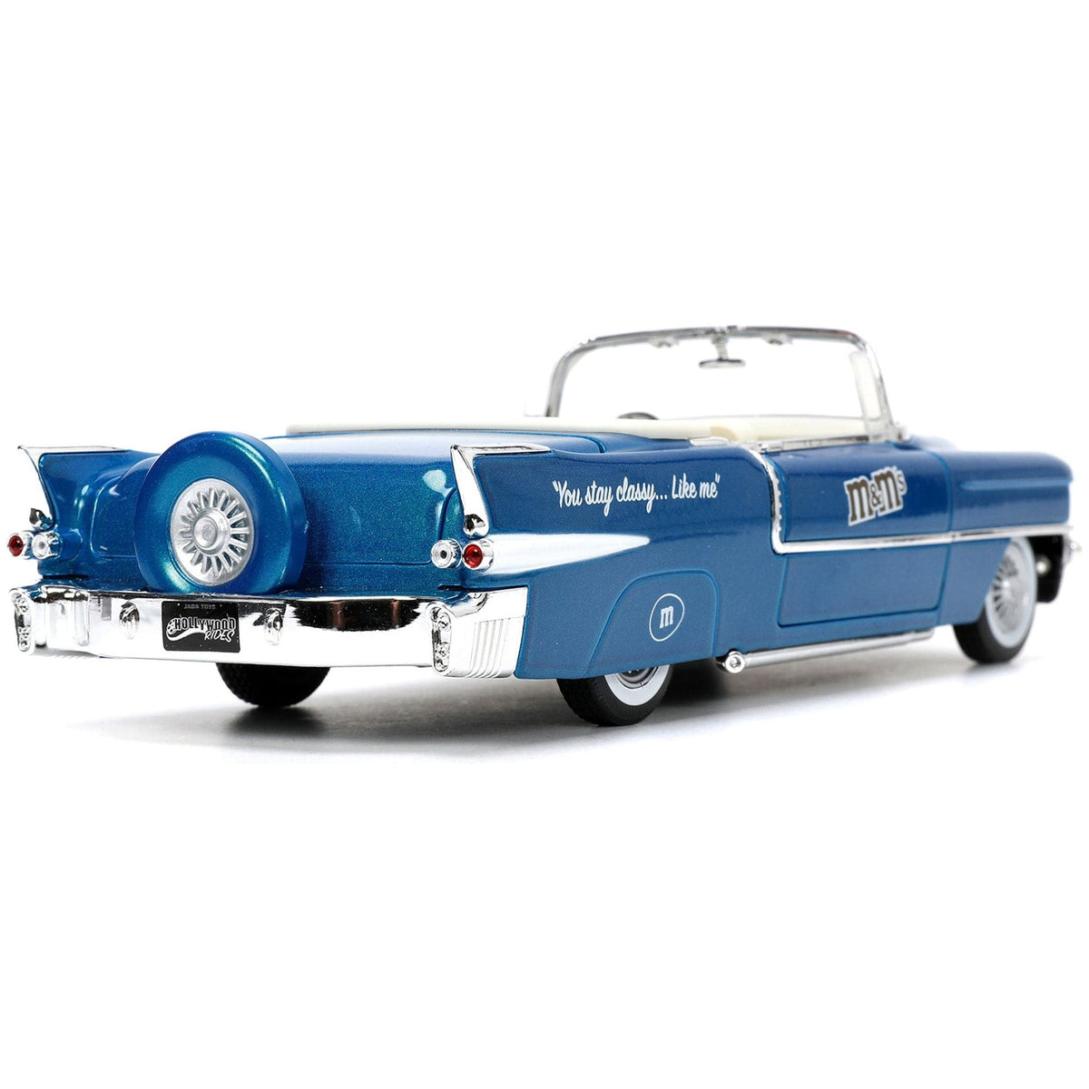 1956 Cadillac Eldorado Convertible Blue Metallic with Cream Interior "Stay Classy" and Blue M&M Diecast Figure "M&M's" "Hollywood Rides" Series 1/24 Diecast Model Car by Jada-Jada-ModelCars.com