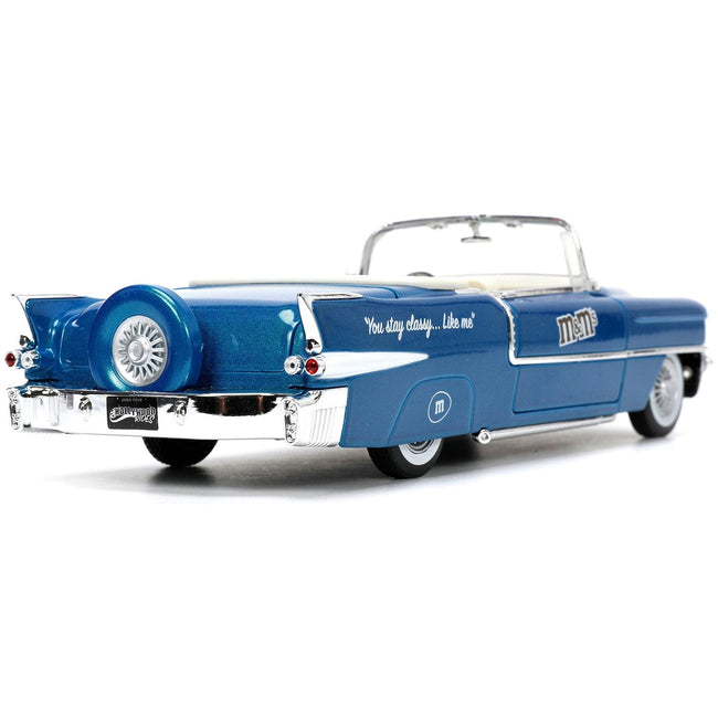 1956 Cadillac Eldorado Convertible Blue Metallic with Cream Interior "Stay Classy" and Blue M&M Diecast Figure "M&M's" "Hollywood Rides" Series 1/24 Diecast Model Car by Jada-Jada-ModelCars.com