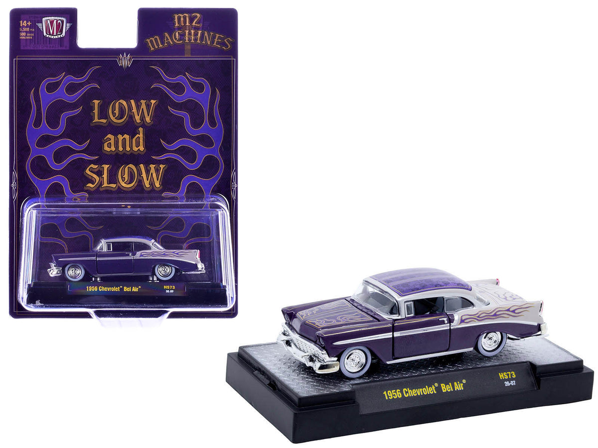 1956 Chevrolet Bel Air "Low and Slow" Purple Two-Tone with Graphics Limited Edition to 5500 pieces Worldwide 1/64 Diecast Model Car by M2 Machines-M2-ModelCars.com