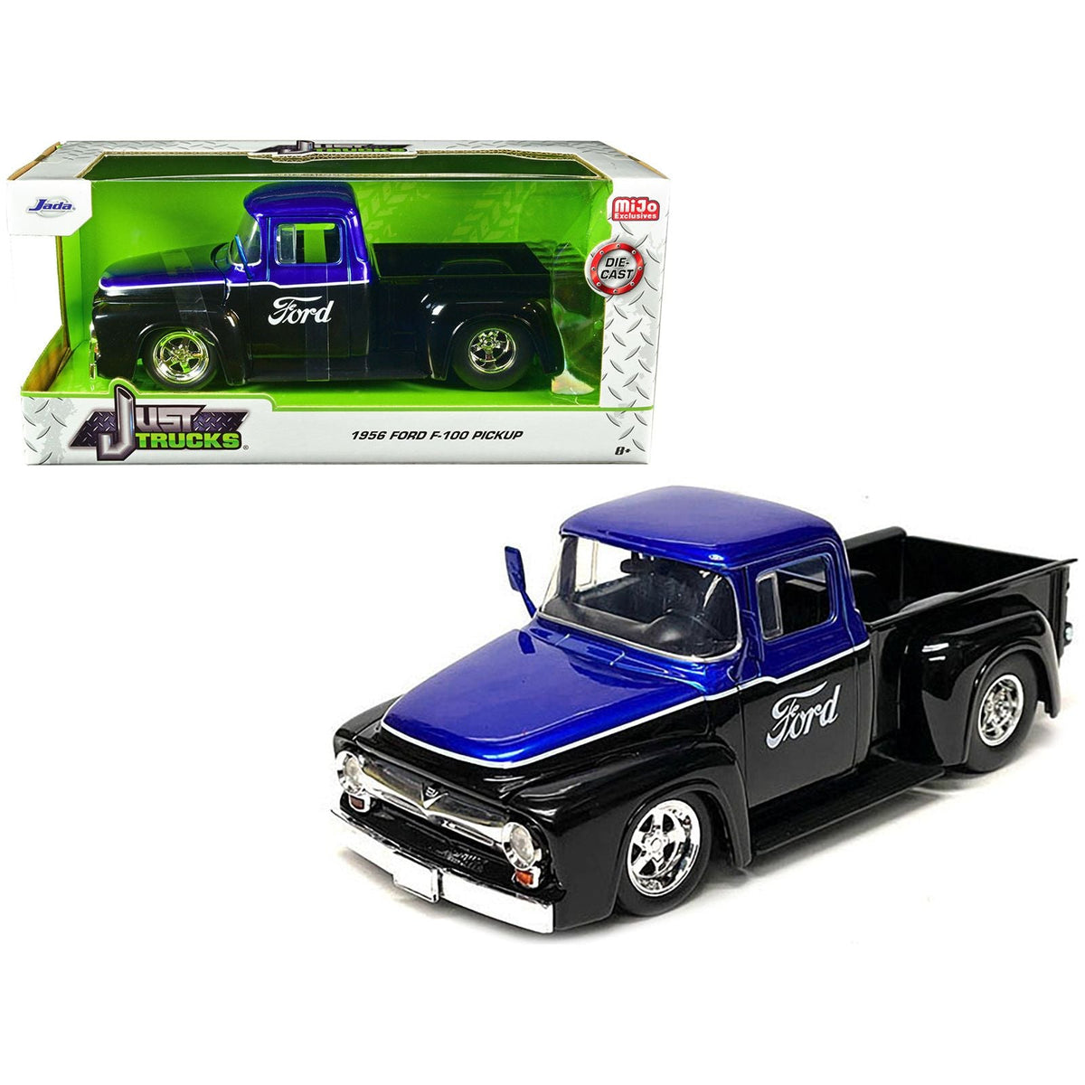 1956 Ford F - 100 Pickup Truck Black and Blue Metallic with Ford Graphics "Just Trucks" Series 1/24 Diecast Model Car by Jada - Jada - ModelCars.com