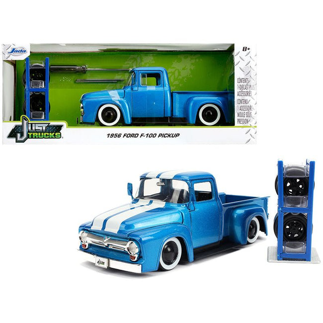 1956 Ford F - 100 Pickup Truck Blue Metallic with White Stripes and Extra Wheels "Just Trucks" Series 1/24 Diecast Model Car by Jada - Jada - ModelCars.com