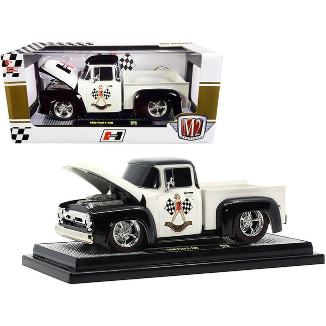 1956 Ford F-100 Pickup Truck "Hurst" Wimbledon White and Black Limited Edition to 7000 pieces Worldwide 1/24 Diecast Model Car by M2 Machines-M2-ModelCars.com