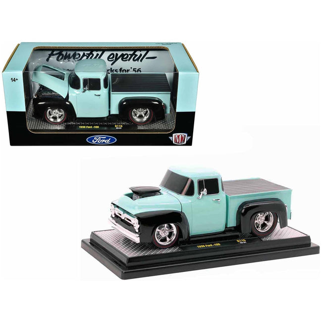 1956 Ford F-100 Pickup Truck Light Blue and Black Limited Edition to 6250 pieces Worldwide 1/24 Diecast Model Car by M2 Machines-M2-ModelCars.com