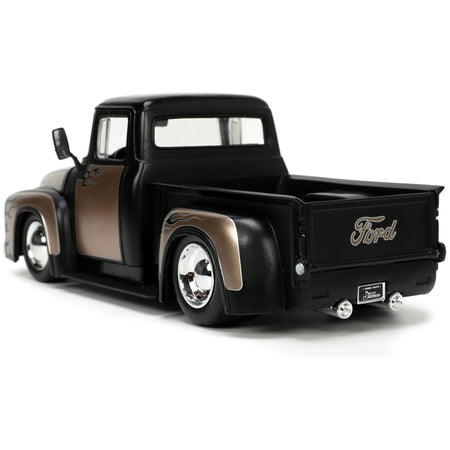 1956 Ford F-100 Pickup Truck Matt Black and Champagne with Flames with Extra Wheels "Just Trucks" Series 1/24 Diecast Model Car by Jada-Jada-ModelCars.com