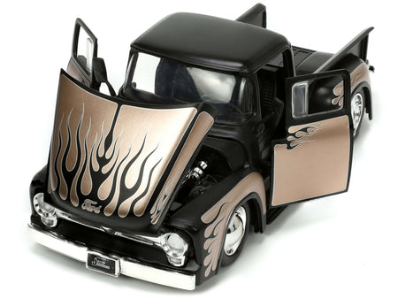 1956 Ford F-100 Pickup Truck Matt Black and Champagne with Flames with Extra Wheels "Just Trucks" Series 1/24 Diecast Model Car by Jada-Jada-ModelCars.com