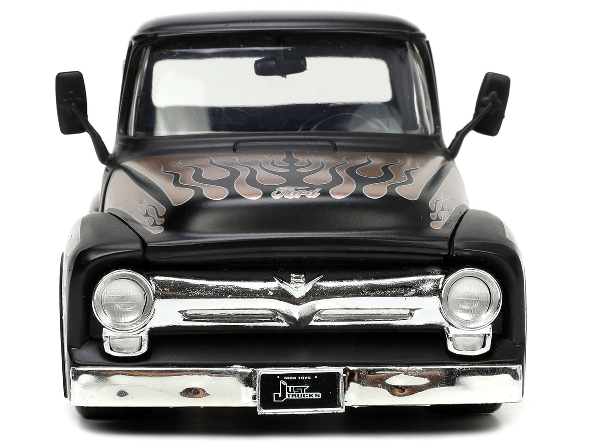 1956 Ford F-100 Pickup Truck Matt Black and Champagne with Flames with Extra Wheels "Just Trucks" Series 1/24 Diecast Model Car by Jada-Jada-ModelCars.com