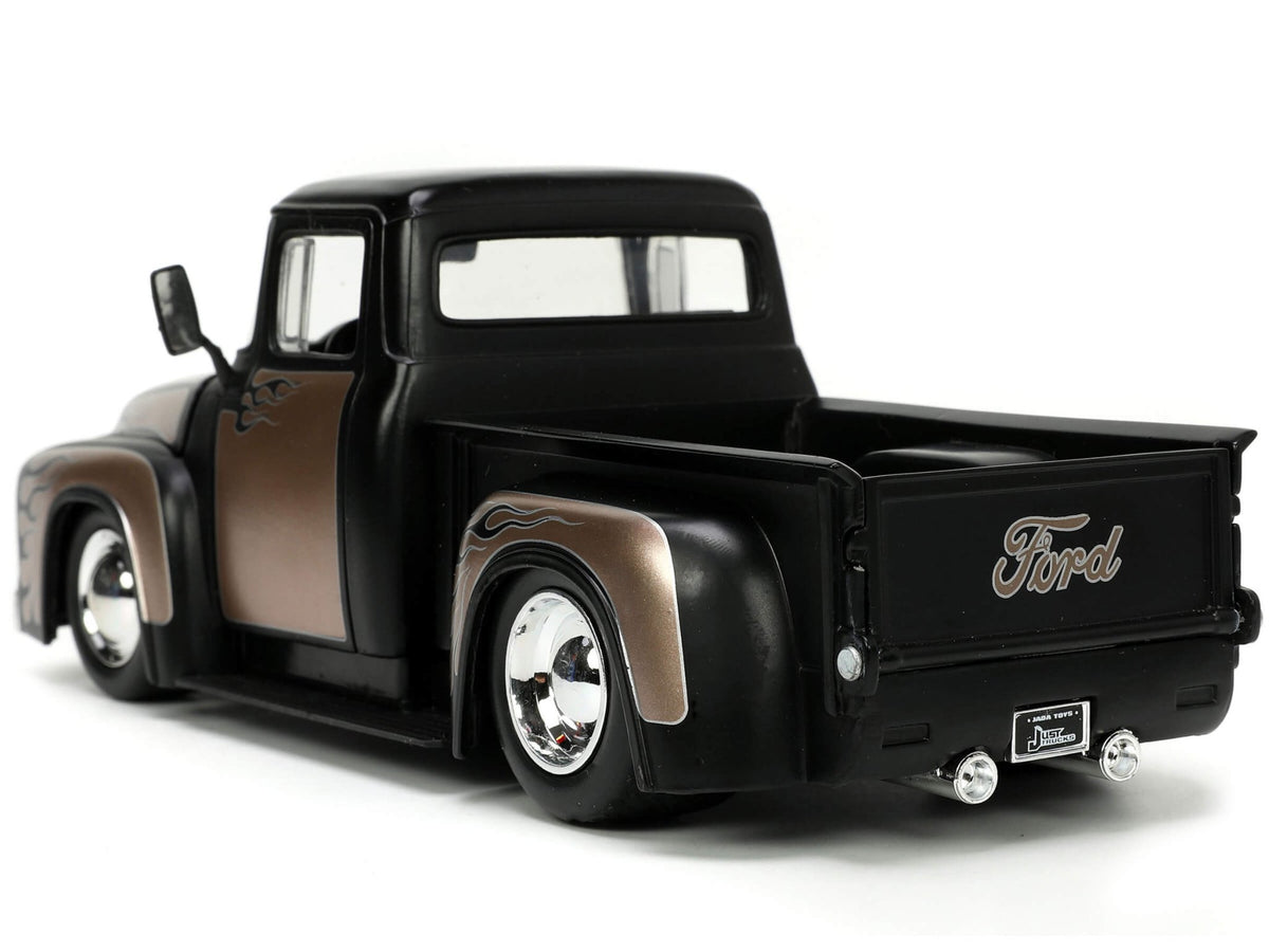 1956 Ford F-100 Pickup Truck Matt Black and Champagne with Flames with Extra Wheels "Just Trucks" Series 1/24 Diecast Model Car by Jada-Jada-ModelCars.com