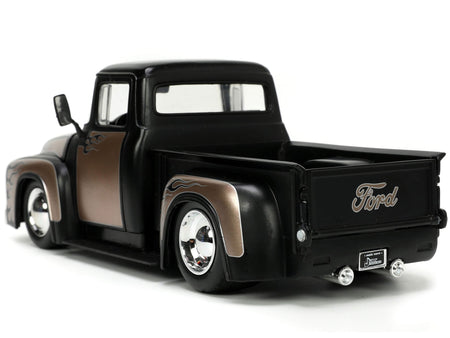 1956 Ford F-100 Pickup Truck Matt Black and Champagne with Flames with Extra Wheels "Just Trucks" Series 1/24 Diecast Model Car by Jada-Jada-ModelCars.com