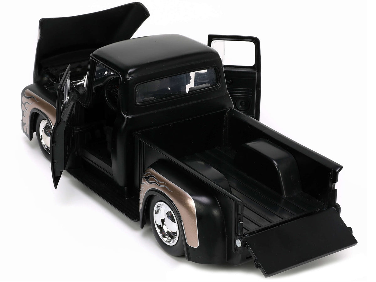 1956 Ford F-100 Pickup Truck Matt Black and Champagne with Flames with Extra Wheels "Just Trucks" Series 1/24 Diecast Model Car by Jada-Jada-ModelCars.com