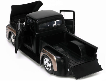 1956 Ford F-100 Pickup Truck Matt Black and Champagne with Flames with Extra Wheels "Just Trucks" Series 1/24 Diecast Model Car by Jada-Jada-ModelCars.com