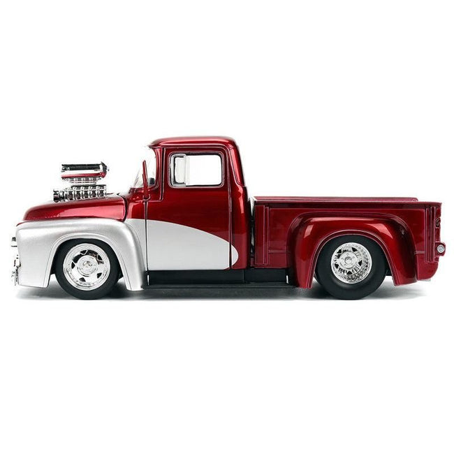 1956 Ford F-100 Pickup Truck Red Metallic with Silver Accents and Jada Gas Pump "Just Trucks" Series 1/24 Diecast Model Car by Jada-Jada-ModelCars.com