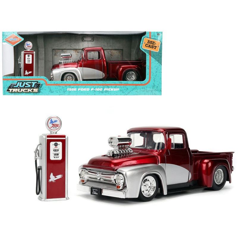 1956 Ford F-100 Pickup Truck Red Metallic with Silver Accents and Jada Gas Pump "Just Trucks" Series 1/24 Diecast Model Car by Jada-Jada-ModelCars.com