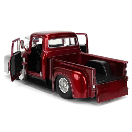 1956 Ford F-100 Pickup Truck Red Metallic with Silver Accents and Jada Gas Pump "Just Trucks" Series 1/24 Diecast Model Car by Jada-Jada-ModelCars.com