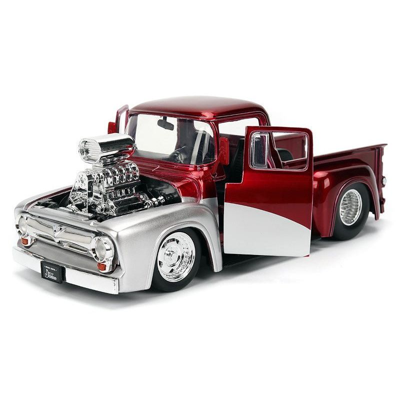 1956 Ford F-100 Pickup Truck Red Metallic with Silver Accents and Jada Gas Pump "Just Trucks" Series 1/24 Diecast Model Car by Jada-Jada-ModelCars.com