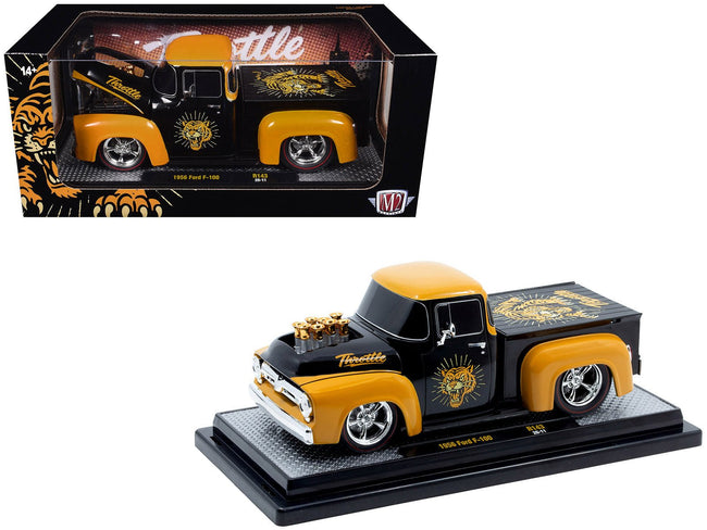 1956 Ford F-100 Pickup Truck "Throttle" Black with Brown Top and Fenders with Graphics Limited Edition to 6250 pieces Worldwide 1/24 Diecast Model Car by M2 Machines-M2-ModelCars.com