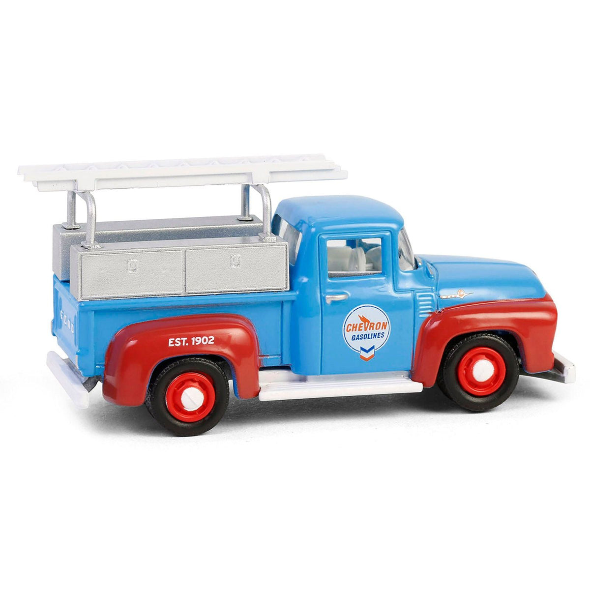 1956 Ford F - 100 Pickup Truck with Tool Boxes and Ladders "Chevron" Blue and Red "Chevron Special Edition" Series 1 1/64 Diecast Model Car by Greenlight - Greenlight - ModelCars.com