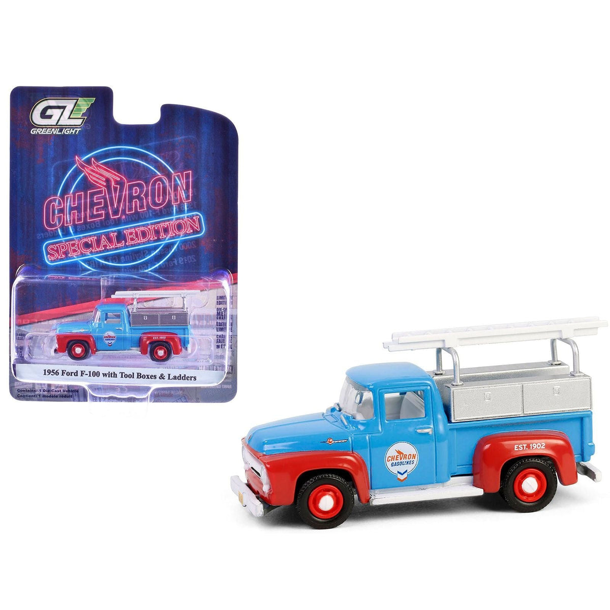 1956 Ford F-100 Pickup Truck with Tool Boxes and Ladders "Chevron" Blue and Red "Chevron Special Edition" Series 1 1/64 Diecast Model Car by Greenlight-Greenlight-ModelCars.com