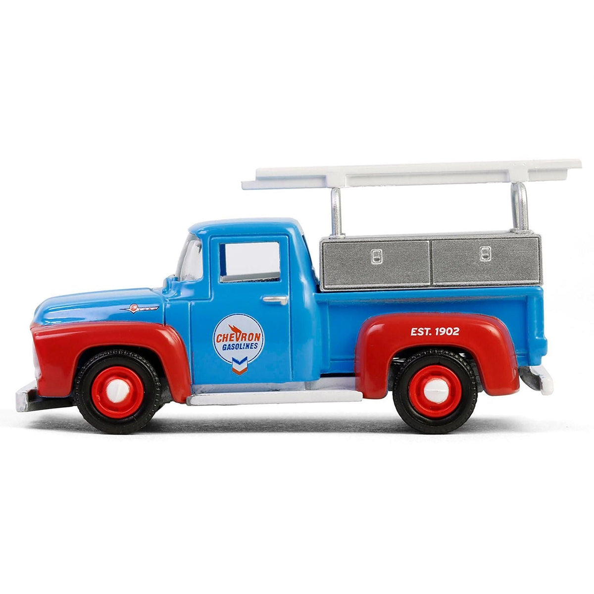 1956 Ford F-100 Pickup Truck with Tool Boxes and Ladders "Chevron" Blue and Red "Chevron Special Edition" Series 1 1/64 Diecast Model Car by Greenlight-Greenlight-ModelCars.com