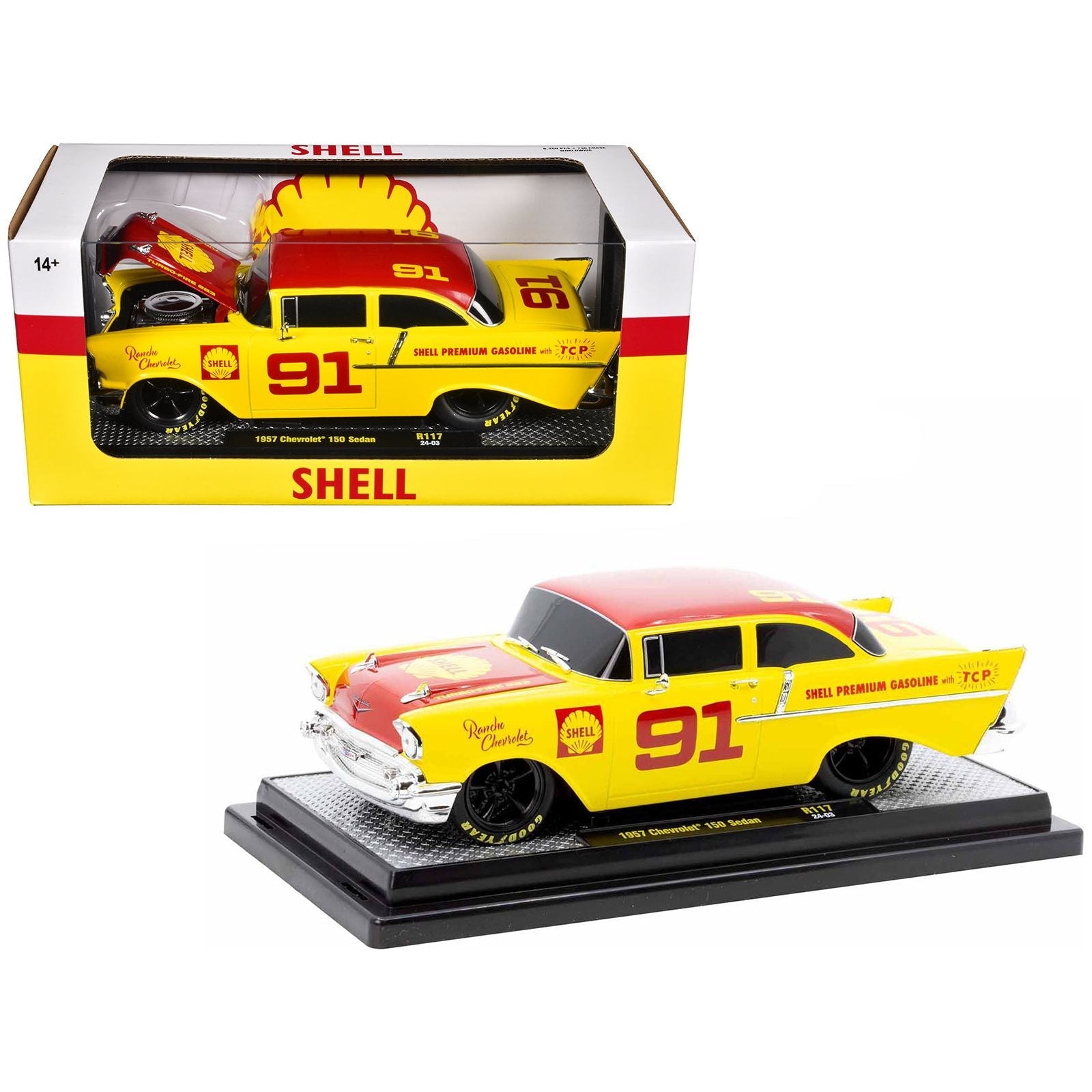 1957 Chevrolet 150 Sedan 91 Yellow with Red Hood and Top "Shell Oil" Limited Edition to 6250 pieces Worldwide 1/24 Diecast Model Car by M2 Machines - M2 - ModelCars.com