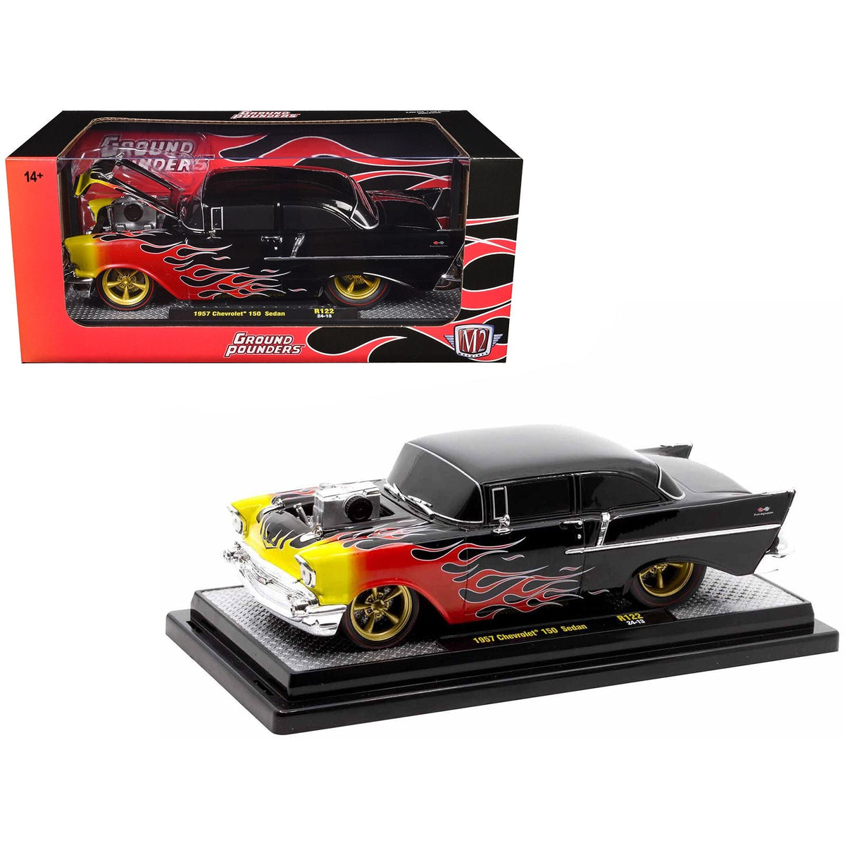 1957 Chevrolet 150 Sedan Black with Flames Graphics Limited Edition to 4250 pieces Worldwide 1/24 Diecast Model Car by M2 Machines-M2-ModelCars.com