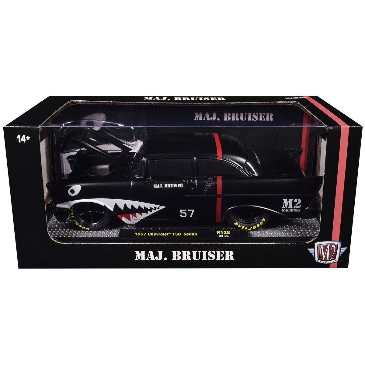 1957 Chevrolet 150 Sedan "Maj. Bruiser" Matt Black with Red Stripe and Shark Mouth Graphics Limited Edition to 6650 pieces Worldwide 1/24 Diecast Model Car by M2 Machines-M2-ModelCars.com