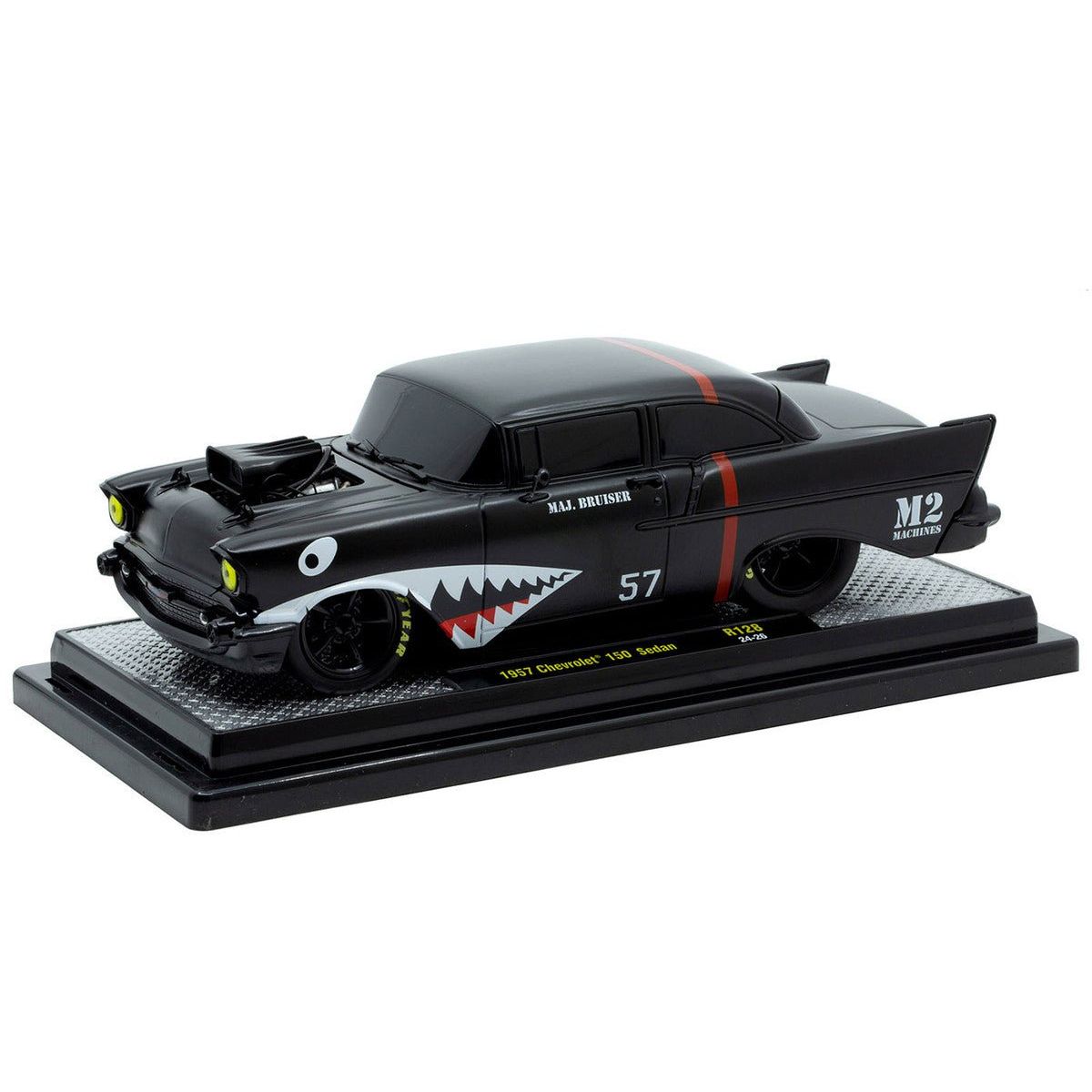 1957 Chevrolet 150 Sedan "Maj. Bruiser" Matt Black with Red Stripe and Shark Mouth Graphics Limited Edition to 6650 pieces Worldwide 1/24 Diecast Model Car by M2 Machines - M2 - ModelCars.com