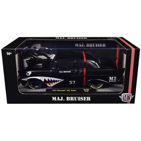 1957 Chevrolet 150 Sedan "Maj. Bruiser" Matt Black with Red Stripe and Shark Mouth Graphics Limited Edition to 6650 pieces Worldwide 1/24 Diecast Model Car by M2 Machines - M2 - ModelCars.com