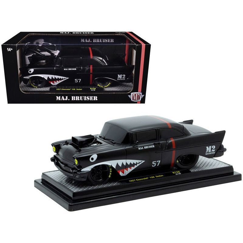 1957 Chevrolet 150 Sedan "Maj. Bruiser" Matt Black with Red Stripe and Shark Mouth Graphics Limited Edition to 6650 pieces Worldwide 1/24 Diecast Model Car by M2 Machines-M2-ModelCars.com